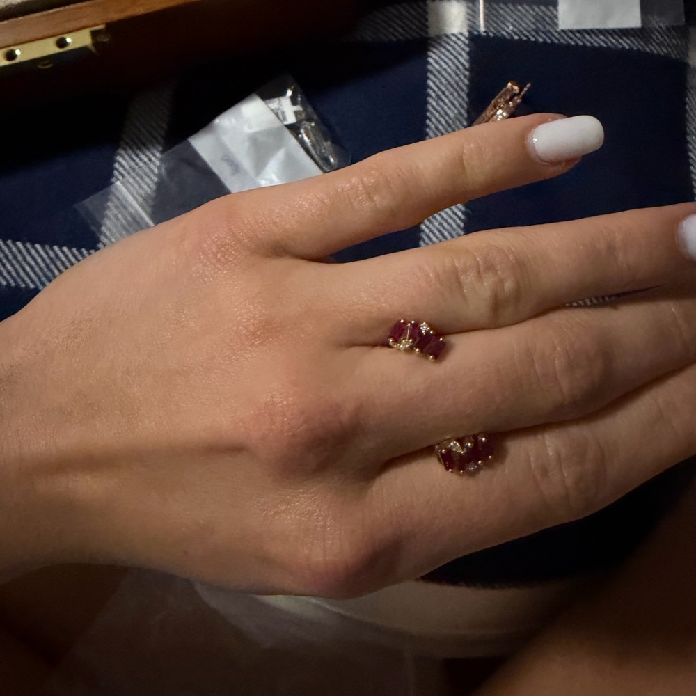 Delicate 14k yellow gold, ruby and diamond earrings.